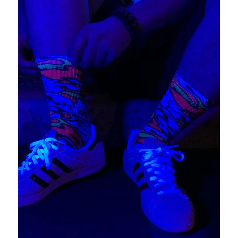 Blacklight Reactive Neon Camo Crew Socks Green Blue Orange Purple‎ NWT